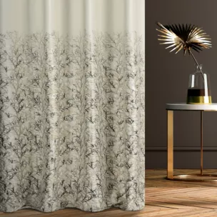 Zasłona szyta na taśmie 5 cm kremowo szampańska z welwetowej tkaniny z błyszczącym nadrukiem od dołu