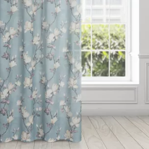 Dekoracja okienna błękitno, kremowa z etaminy w stylu eko z motywem kwiatów 140x250 cm przelotka - LUNA