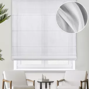 Roleta rzymska biała z gładkiej i delikatnej tkaniny typu KREPA, wykończona obciążnikiem