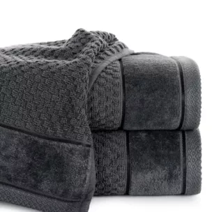 Ręcznik kąpielowy 70x140 cm bawełniany kolor grafitowy o strukturze krateczki z szeroką welurową bordiurą 500 g/m2 FRIDA