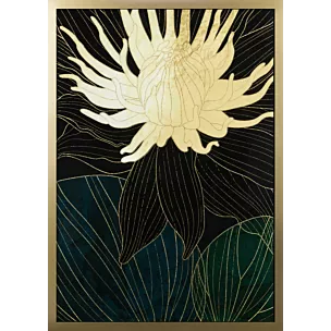 Obraz z nadrukiem liści i kwiatów w złotej ramce