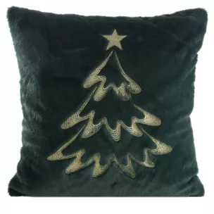 Poszewka na poduszkę świąteczna 45x45 cm ciemnozielono, szampańska z przyjemnego futerka zdobiona haftem choinki