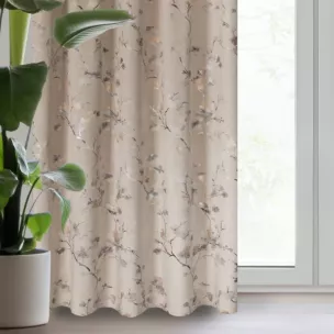 Zasłona welwetowa beżowo, szampańska z nadrukiem kwiatu jabłoni 140x270 cm taśma - SELENA