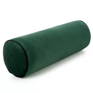 Poduszka dekoracyjna wałek 15 x 45 cm welwetowa ciemnozielona zdobiony kontrastującą lamówką GAJA
