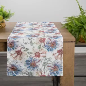 Bieżnik na stół biało, niebieski 40x140 cm z tkaniny strukturalnej FLORE 7 nadrukiem barwnych kwiatów