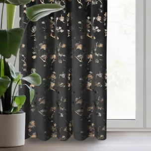 Zasłona welwetowa czarno, szampańska z nadrukiem kwiatu jabłoni 140x270 cm taśma - SELENA