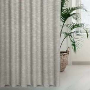 Zasłona szyta na taśmie 5 cm beżowa z matowej luźnotkanej tkaniny z efektem melanżu, wykończona obciążnikiem