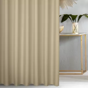 Zasłona szyta na taśmie 5 cm ciemnokremowa z gładkiej tkaniny zaciemniającej typu dimout wykończona obciążnikiem