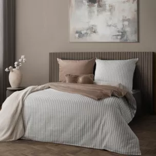 Pościel 140x200 cm komplet 2 częściowy z satyny bawełnianej kolor biało, beżowy w paseczki RAYA