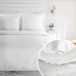 Pościel 160x200 cm komplet 3 częściowy z satyny bawełnianej kolor biały zdobiona elegancką koronką RETRO 6