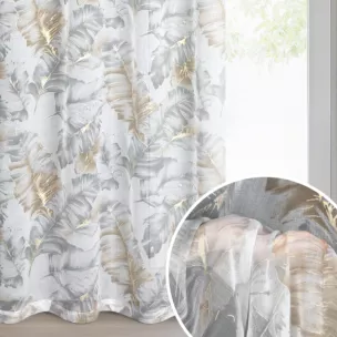 Zasłona biało, srebrna z etaminy zdobiona nadrukiem liści z szampańskim błyszczącym wykończeniem  140x250 cm przelotka - LAYLA