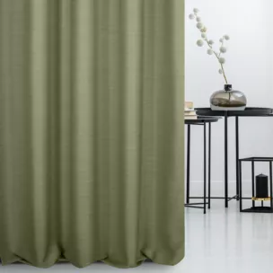 Zasłona szyta na taśmie 5 cm oliwkowa z miękkiej tkaniny o naturalnym splocie w stylu ekologicznym