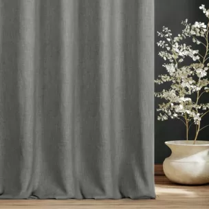 Zasłona szyta na przelotkach popielata o naturalnym charakterze, z widocznym, ozdobnym splotem