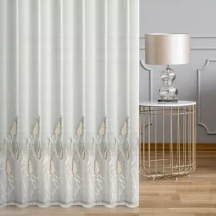 Firana szyta na taśmie 5 cm naturalno popielata z delikatnej tkaniny typu aden, wykończonej roślinnym haftem