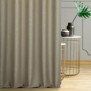 Zasłona szyta na taśmie 5 cm popielata z tkaniny z dodatkiem połyskującej nici, z widocznym ozdobnym splotem