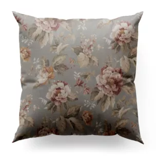 Poszewka szyta popielato ceglasta z tkaniny z dodatkiem bawełny i nici metalicznej, o wzorze w kwiaty, zawiera 20% bawełny