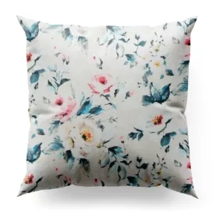 Poszewka szyta jasnokremowo turkusowa z tkaniny o naturalnym splocie z nadrukowanym kwiatowym wzorem