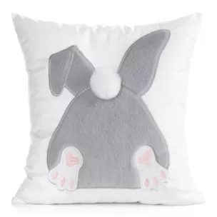 Wielkanocna poszewka na poduszkę 45x45 cm welwetowa z uroczym zajączkiem biało, srebrna WIOSNA 129