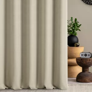 Zasłona szyta na flexach ciemnobeżowa z tkaniny z jodełkowym wzorem geometrycznym