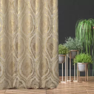 Zasłona szyta na taśmie 8 cm złota z szenilowej tkaniny w klasyczny wzór ornamentowy przetykany błyszczącą nicią Italissima Eva Minge