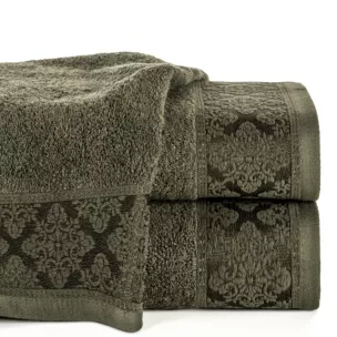 Ręcznik do rąk 30x50 cm bawełniany kolor ciemnooliwkowy z żakardowym wzorem ornamentów 500 g/m2 SARA