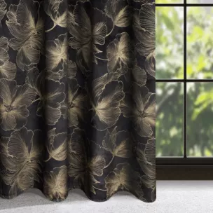 Zasłona czarna z błyszczącego welwetu w złote kwiaty 140x300 cm taśma - STELLA