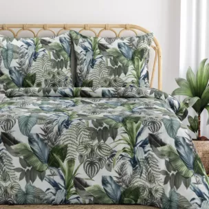 Pościel 160x200 cm bawełniana kolor zielony, biały z wzorem egzotycznych liści DAVOS