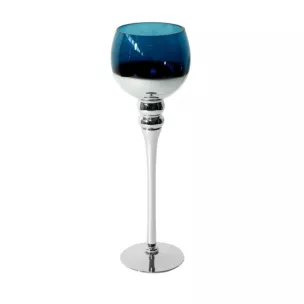 Świecznik bankietowy szklany CLOE na wysmukłej nóżce srebrno-granatowy
