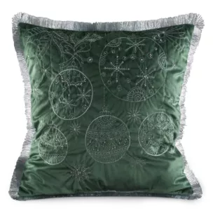 Poszewka na poduszkę 45x45 cm ciemnozielono, srebrna z haftowanym świątecznym motywem i ozdobnymi frędzlami
