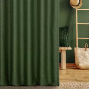 Zasłona szyta na taśmie 5 cm ciemnozielona z tkaniny z dodatkiem połyskującej nici, z widocznym ozdobnym splotem
