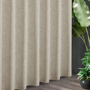 Tkanina zasłonowa z dodatkiem lnu o melanżowym wzorze zakończona obciążnikiem