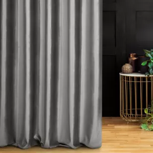 Zasłona szyta na taśmie 5 cm stalowo srebrna z miękkiej tkaniny welwetowej z drobnym błyszczącym nadrukiem