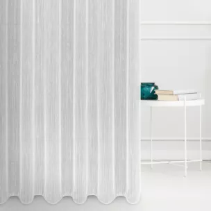 Firana szyta na taśmie 5 cm jasnoszara z tkaniny w pionowe, cienkie pasy, wykończona obciążnikiem