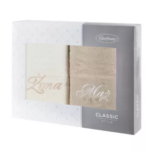 Zestaw ręczników bawełnianych na prezent 2 szt 70x140 cm z haftem Żona i Mąż kolor kremowy,beżowy 400 g/m2