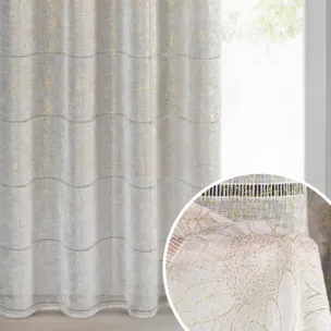 Firana biało, złota zdobiona ażurowymi paskami i roślinnym nadrukiem 140x250 cm przelotka - KATY