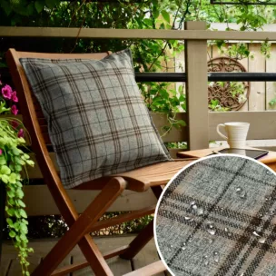 Poszewka na poduszkę 45x45 cm z tkaniny wodoodpornej srebrno, brązowa idealna na taras oraz balkon zdobiona nadrukiem kraty GARDEN