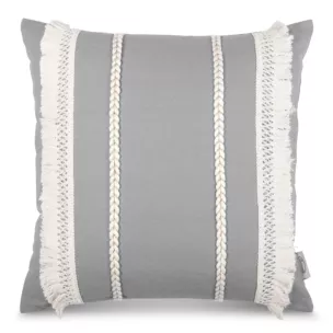 Poszewka na poduszkę 45x45 cm z bawełny szara z aplikacją z frędzlami BOHO