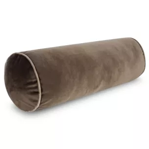 Poduszka dekoracyjna wałek 15 x 45 cm welwetowy ciemnobrązowy zdobiony kontrastującą lamówką GAJA