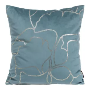 Poszewka na poduszkę 45x45 cm welwetowa niebieska z błyszczącym nadrukiem liści miłorzębu BLINK 35