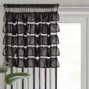 Firana czarna z etaminy zdobiona w górnej części falbanami 140x270 cm taśma AURA