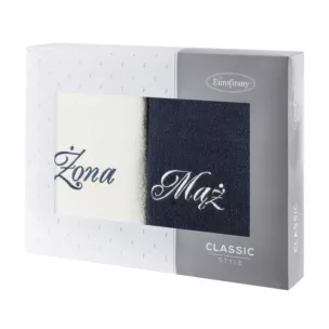 Zestaw ręczników bawełnianych na prezent 2 szt 70x140 cm z haftem Żona i Mąż kolor biały,granatowy 400 g/m2