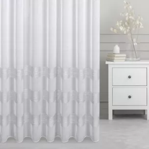 Firana szyta na taśmie 5 cm naturalno jasnoszara z etaminy zdobionej poziomymi pasami, wykończona obciążnikiem Italissima Eva Minge