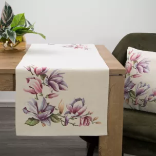 Bieżnik na stół naturalno, różowy 40x100 cm gobelinowy zdobiony motywem kwiatów magnolii
