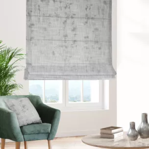 Roleta rzymska naturalno srebrzysta z tkaniny o naturalnym splocie, zdobiona błyszczcącym nadrukiem Italissima Eva Minge