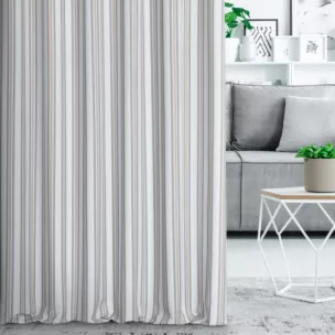 Zasłona szyta na tunelu kremowo grafitowa z tkaniny o naturalnym splocie z nadrukowanym wzorem w pasy