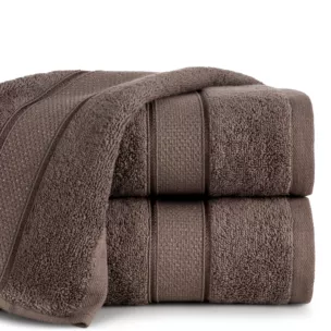 Ręcznik kąpielowy 50x90 cm bawełniany kolor jasnobrązowy z żakardową bordiurą z nowoczesnym złotym wzorem 500 g/m2 LIANA