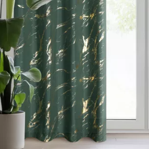 Zasłona ciemnozielono, złocista zdobiona nadrukiem marmurku 140x250 cm przelotka LANI