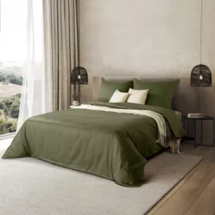 Pościel 160x200 cm satyna bawełniana kolor oliwkowy w drobne prążki VERA