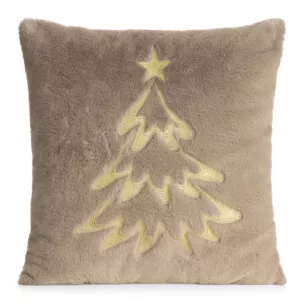 Poszewka na poduszkę świąteczna 45x45 cm jasnobrązowo, szampańska z przyjemnego futerka zdobiona haftem choinki