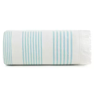 Ręcznik kąpielowy 90x170 cm bawełniany kolor turkusowy,biały z nadrukiem kontrastujących paseczków i frędzli 350 g/m2 KORFU
